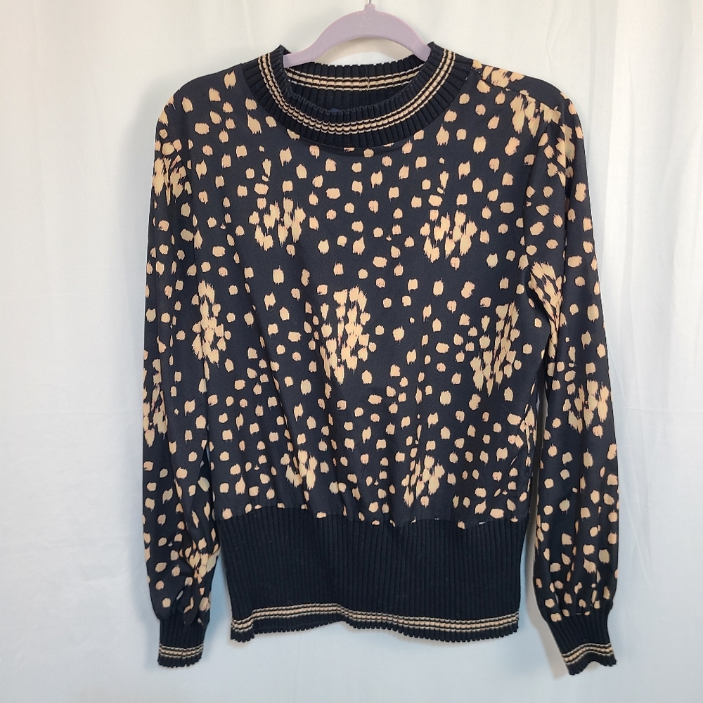 French Connection M Black and Tan Patterned Top With Ribbed Hems Polyester Body